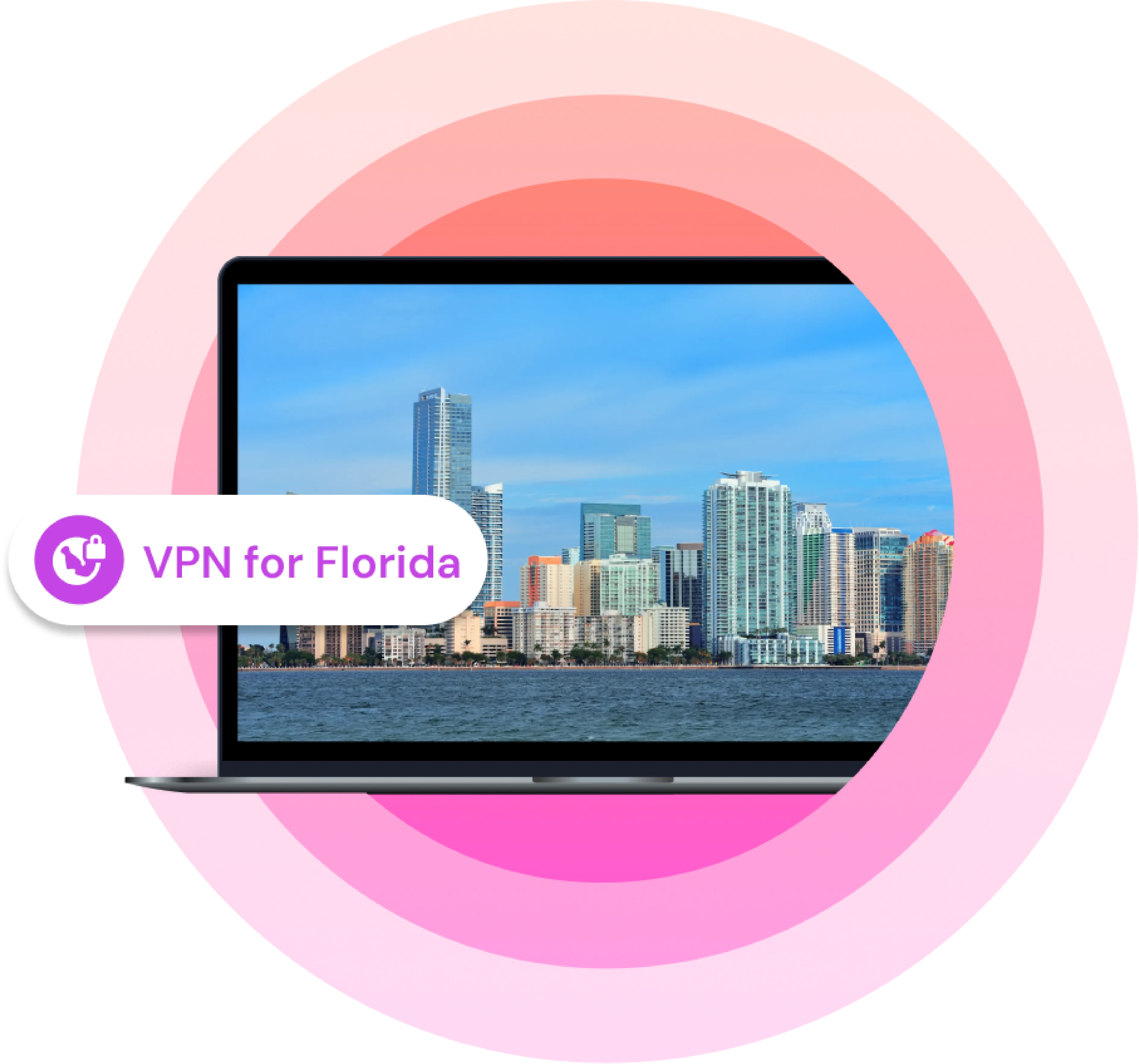 Illustration showing a laptop with a picture of a Florida city on it with the text "VPN for Florida" next to it